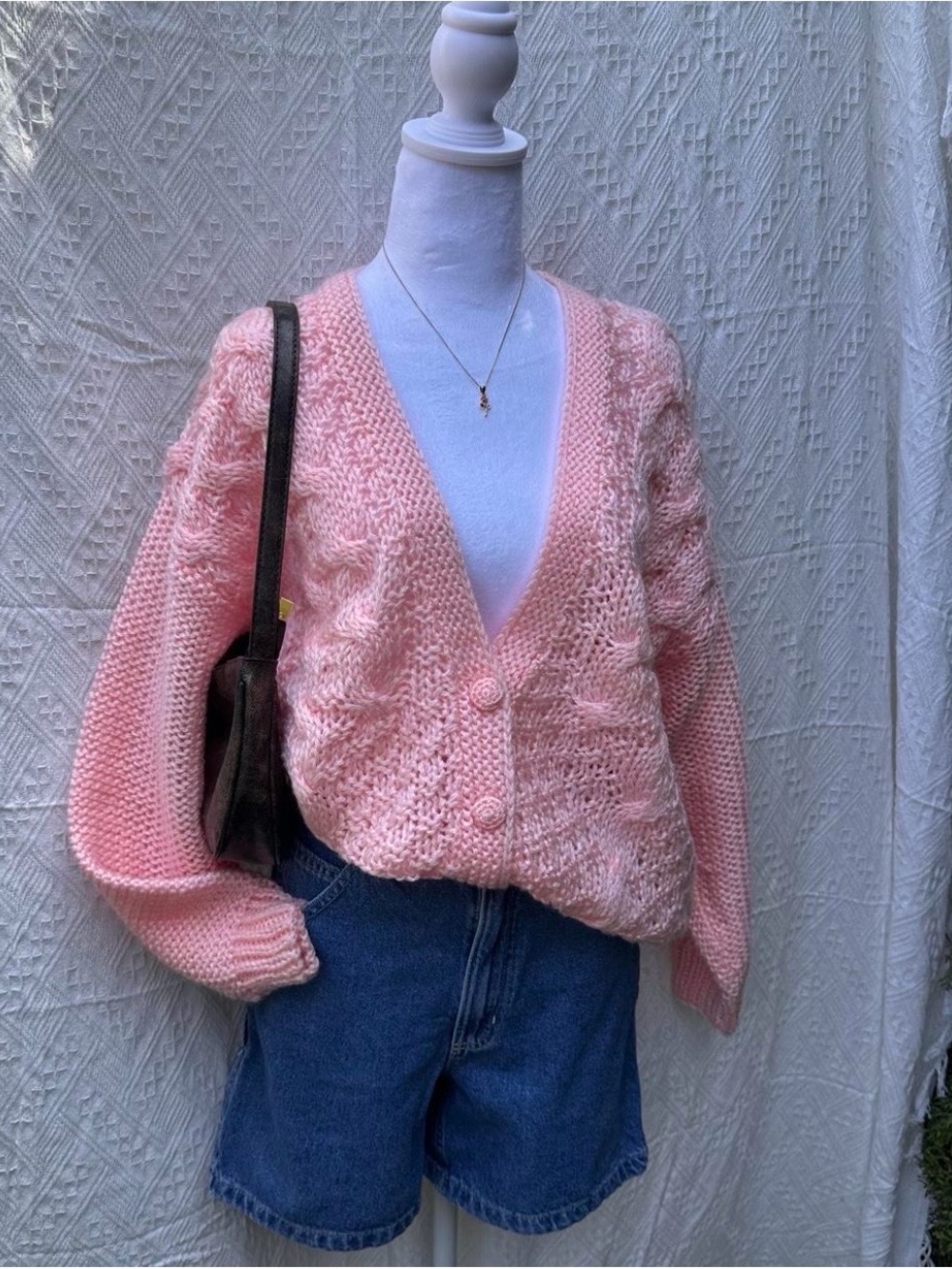 Soft Pink V-Neck Chunky Knit Cardigan Sweater